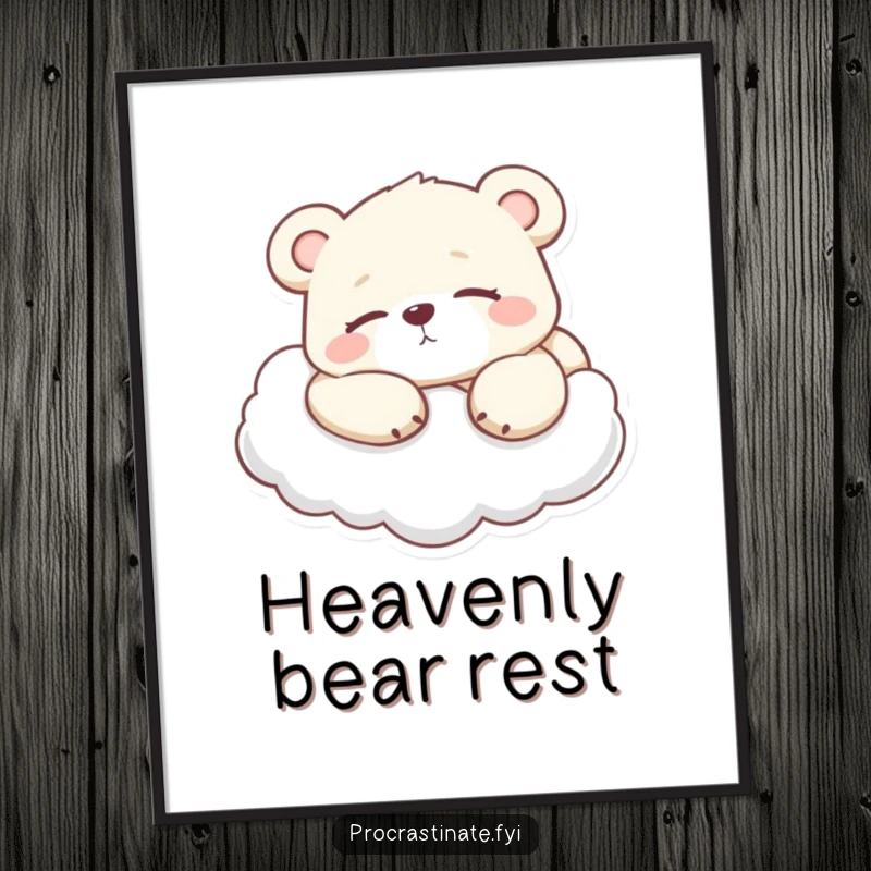 Funny Lazy Bear Cub Digital Art Print, a bear cub relaxing on a cloud, perfect for serene and humorous home decor.