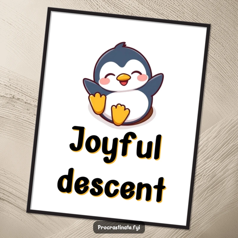 Funny digital art print capturing a gleeful penguin character sliding down a snowy hill with eyes closed, radiating pure joy.