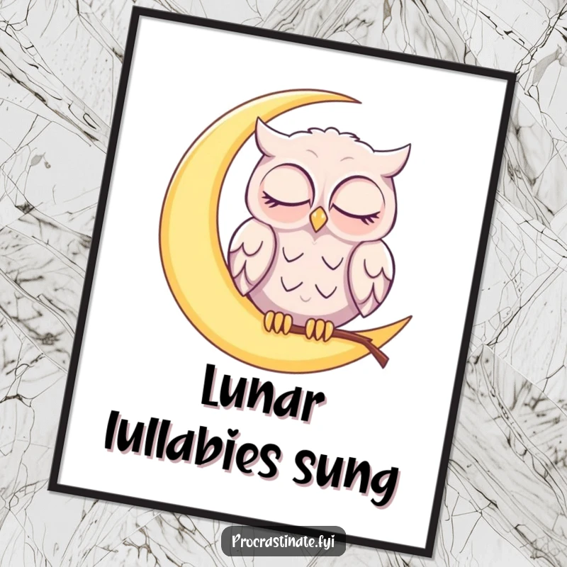 Funny sleepy owl perched on a glowing crescent moon, gently nodding off with half-closed eyes on this downloadable art print.