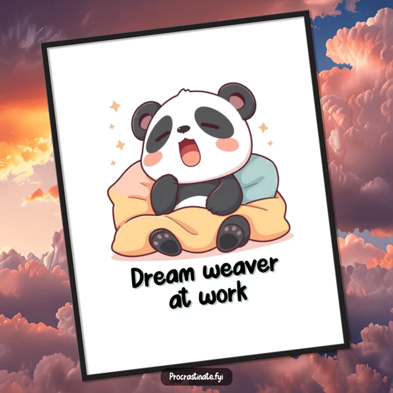 Funny digital art print of a sleepy panda yawning wide, surrounded by soft pillows and blankets, offering instant cozy wall decor.