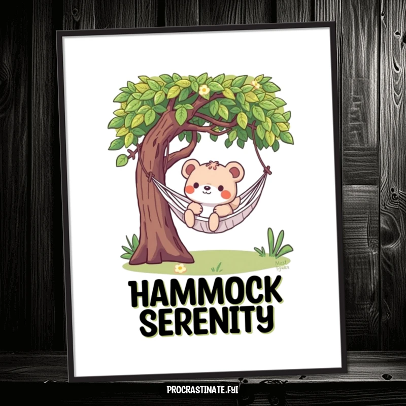 Funny digital art print of a playful animal character enjoying a leisurely swing on a hammock under a tree.