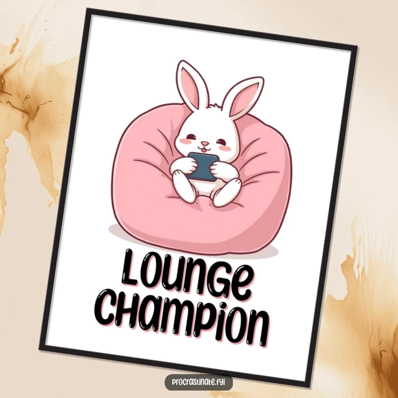 Funny rabbit digital art print of a rabbit lounging in a beanbag chair with a remote, embodying ultimate relaxation and humor.