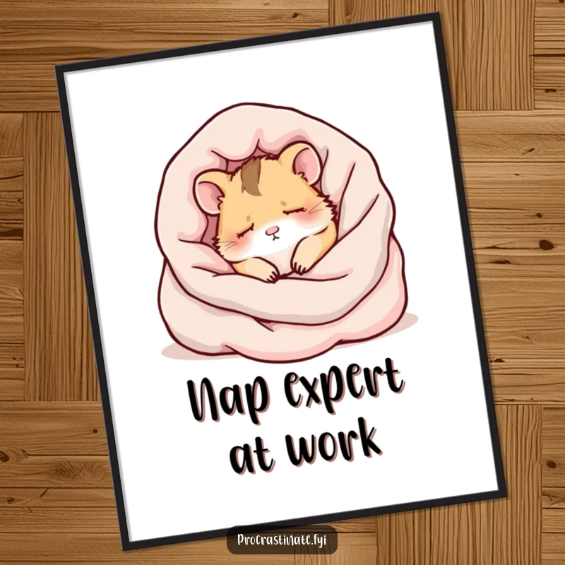 Funny kawaii hamster peacefully sleeping in a heap of blankets, a charming digital art print.