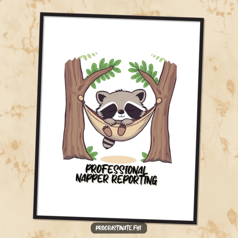 Funny happy raccoon deeply asleep in a cozy hammock strung between two trees, looking utterly content on this downloadable art print.