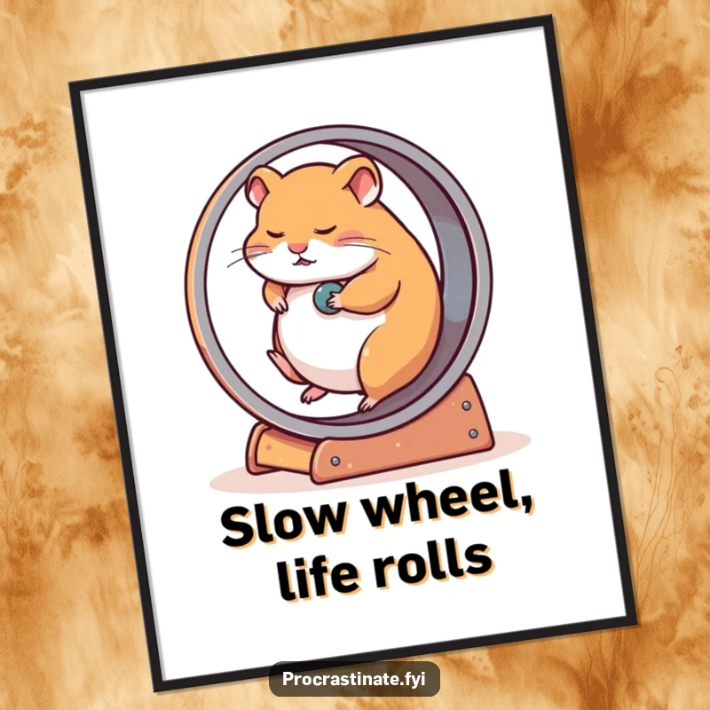 Funny digital art print of a very tired hamster slowly rolling on a gigantic wheel, symbolizing slow effort and relatable humor.