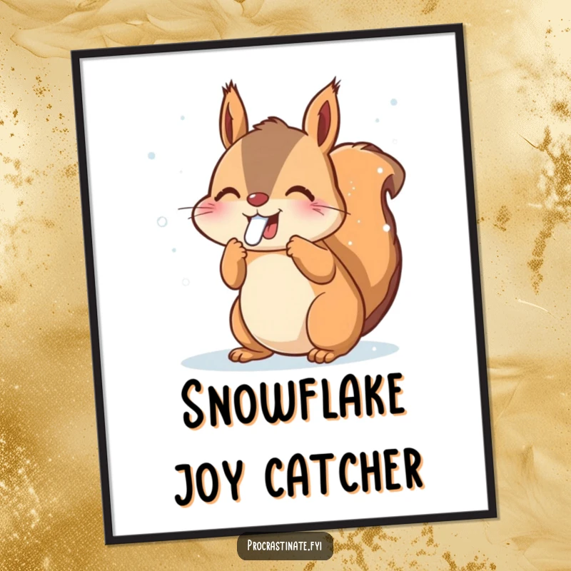 Funny Squirrel Digital Art: Joyful animal catching snowflakes with its tongue, winter theme, instant download funny gift.
