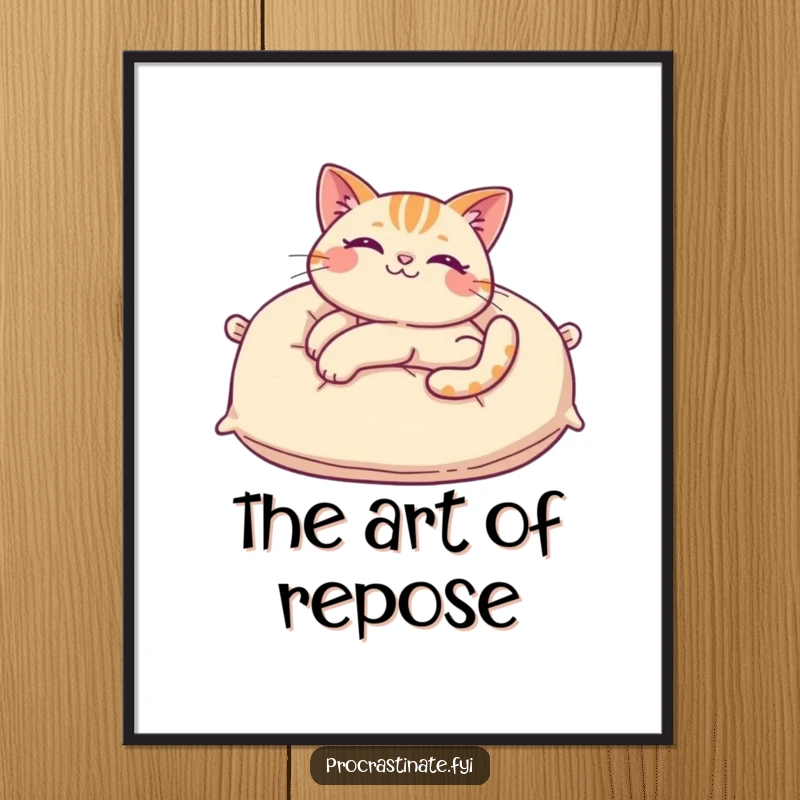 Funny cat digital art print of a cheerful cat stretching languidly on a giant pillow, bringing instant humor and cozy vibes to any digital display.
