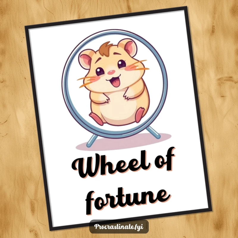 Funny hamster digital art print of a cheerful, dazed hamster spinning in its wheel, capturing energetic and chaotic fun.