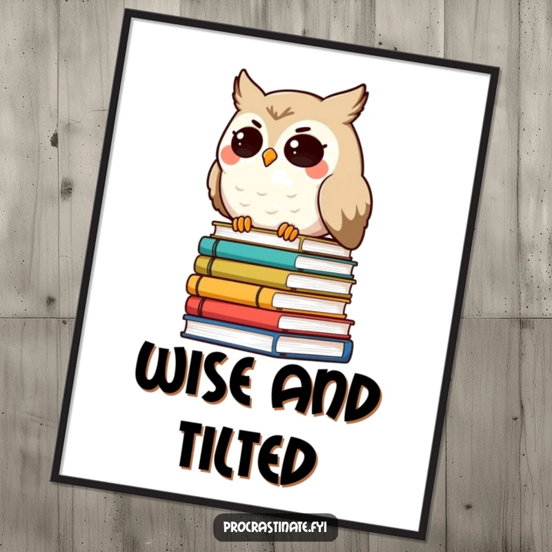 Funny smiling owl character with droopy eyes, leaning on a tilted stack of books, educational digital art for immediate download.