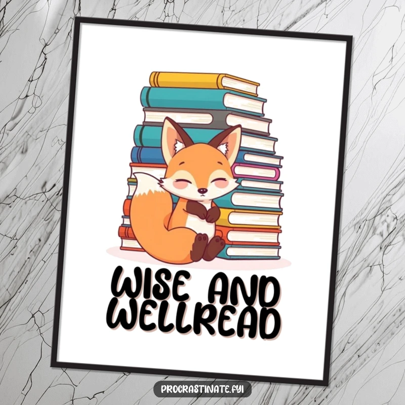 Funny relaxed fox leaning comfortably against a huge pile of books, looking content and scholarly on this downloadable art print.