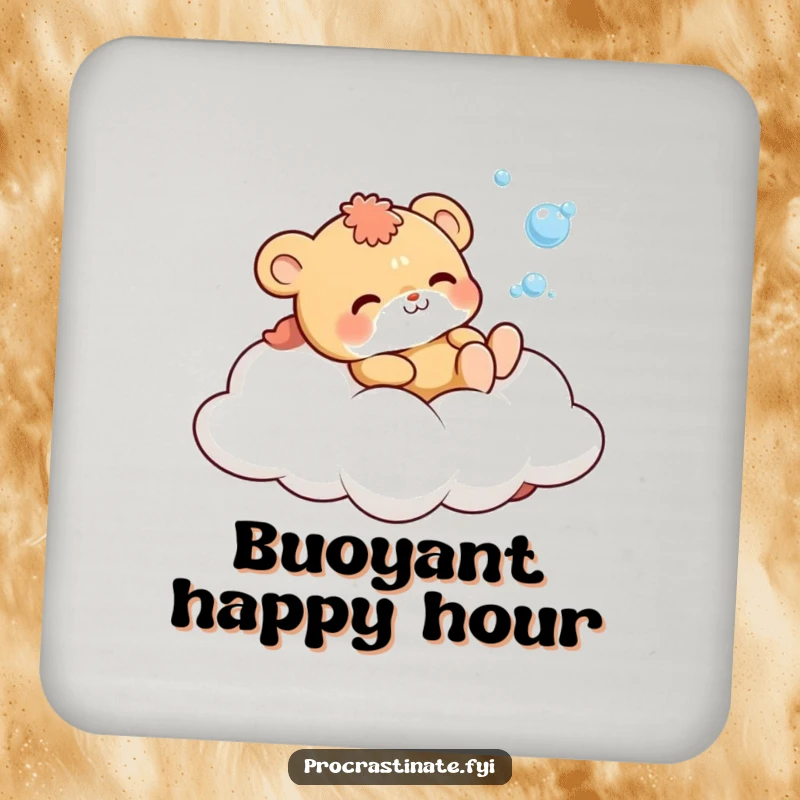 Funny Coaster showing a cute animal character on a cloud, happily blowing bubbles, protecting surfaces with charm.