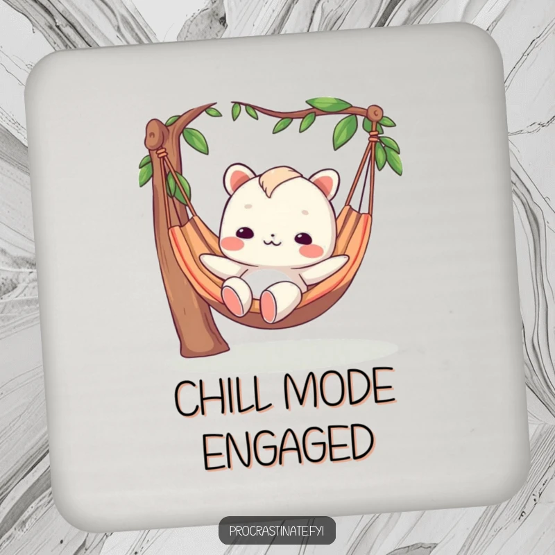 Funny drink coaster featuring a creature in a hammock with a blank expression, adding a touch of humor and calm.