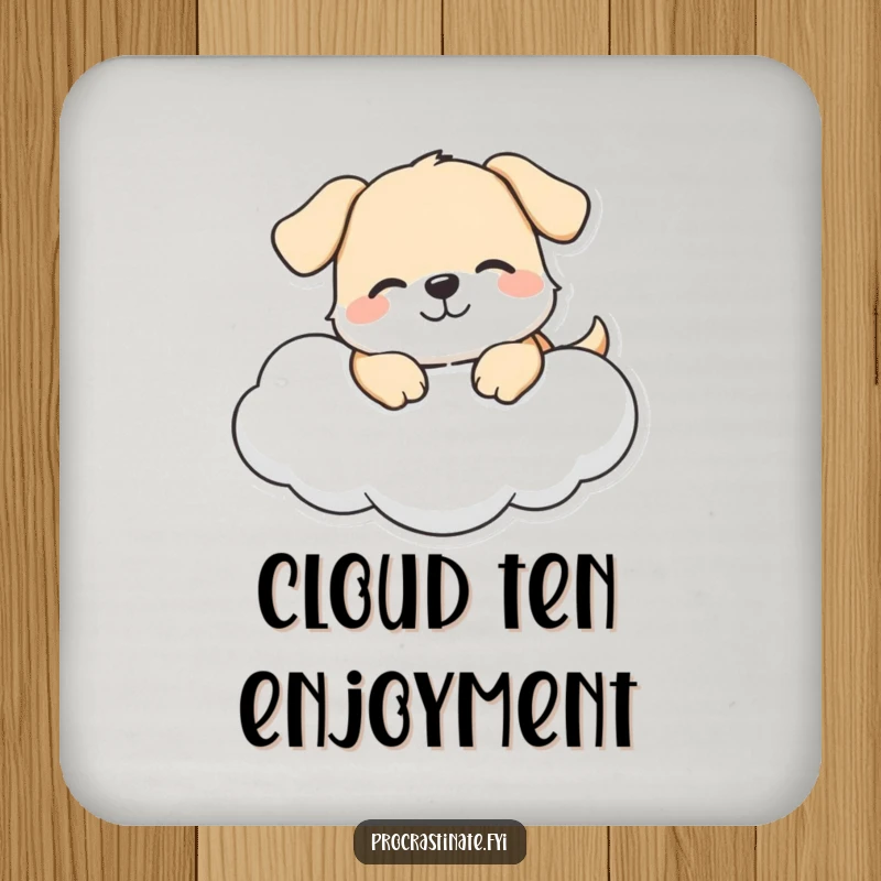 Funny dog cloud drink coaster featuring a happy dog character lounging on a cloud, perfect for cheerful surface protection.
