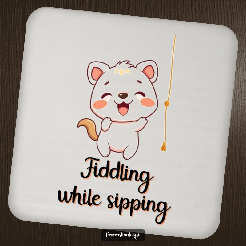 Funny Coaster showing a cheerful animal character playfully batting at a dangling string, protecting surfaces with playful charm.