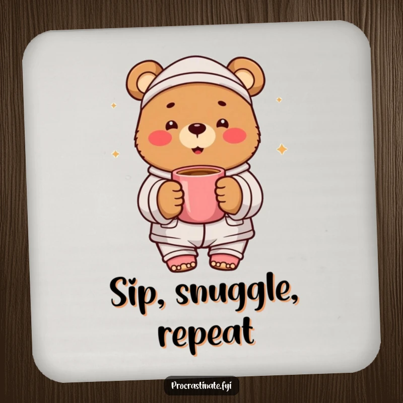 Funny bear pajama coaster set featuring a cheerful bear in pajamas holding a warm mug. Protects tables with joy.