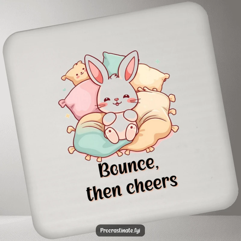 Funny bunny pillow coaster set featuring a playful bunny surrounded by bouncing blankets and pillows. Protects tables with joy.