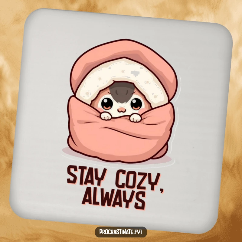 Funny drink coaster with a creature peeking out from under a cozy blanket, adding a touch of humor to surfaces.