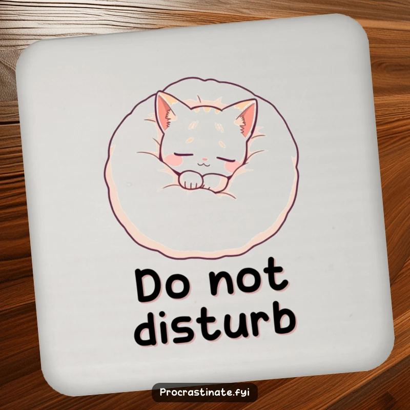 Funny cat pillow drink coaster featuring a peaceful cat nestled in a giant fluffy pillow, perfect for calm surface protection.