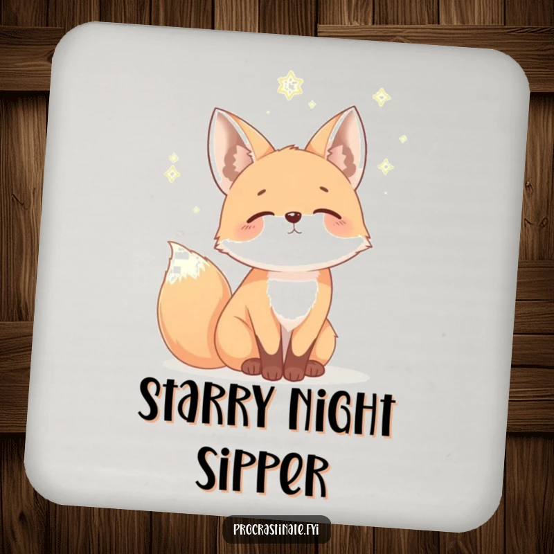 Funny fox coaster featuring a mellow fox gazing dreamily at a starry sky, protecting surfaces with whimsical charm.
