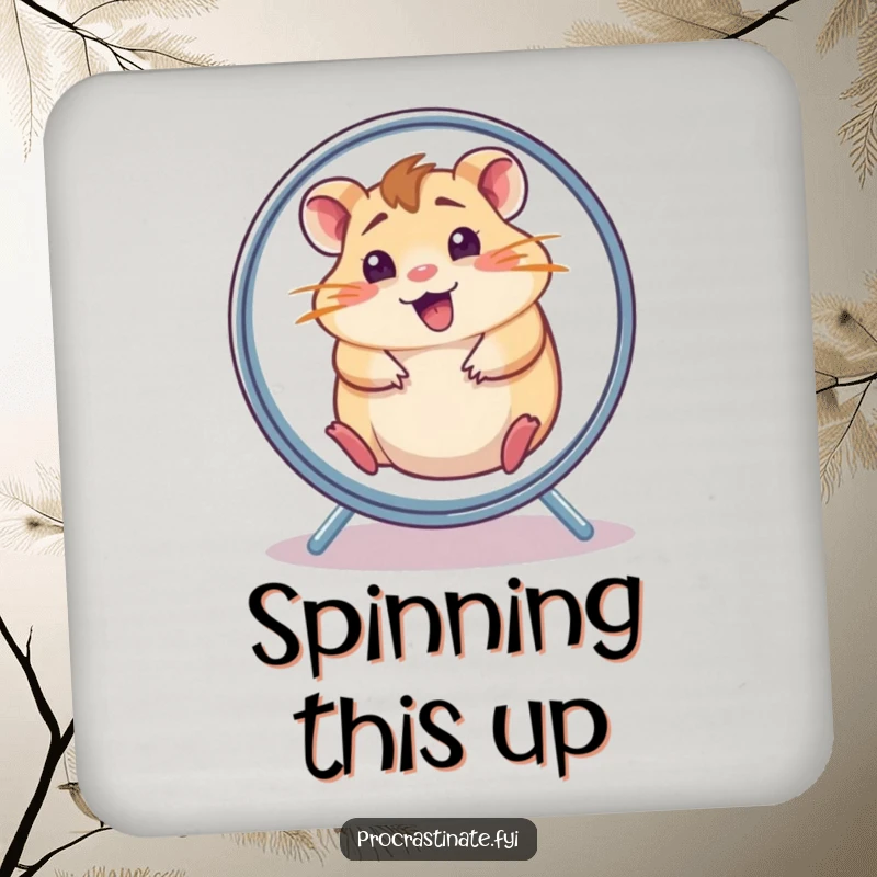 Funny hamster drink coaster featuring a cheerful, dazed hamster spinning in its wheel, offering humor and surface protection.
