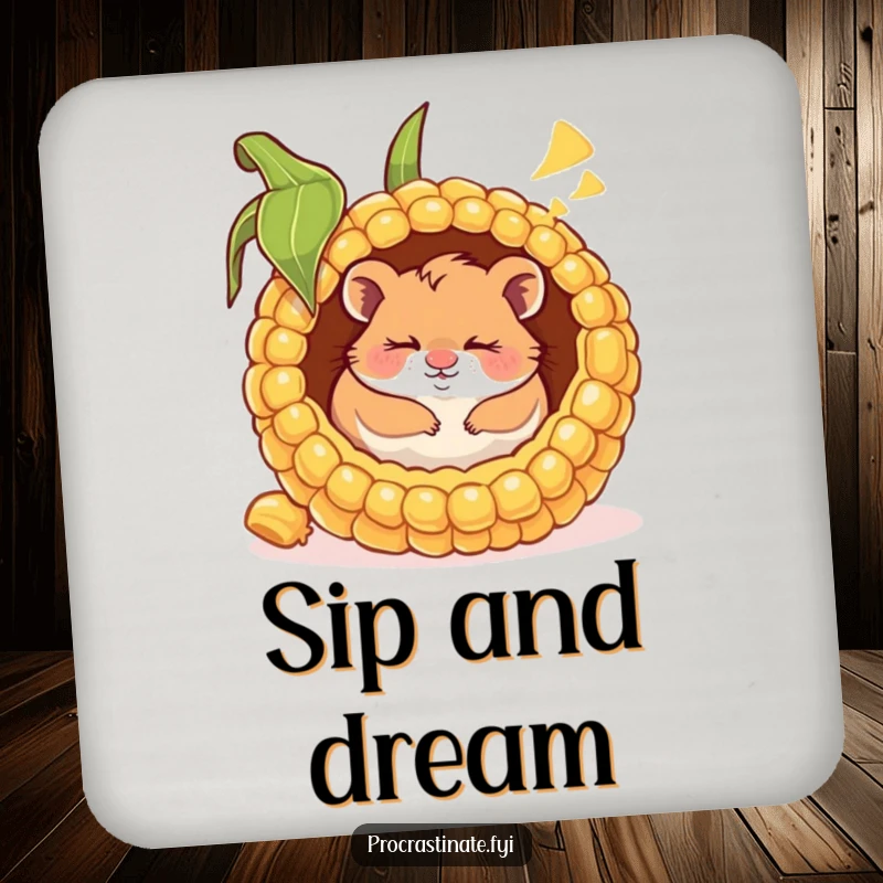 Funny drink coasters featuring a happy hamster napping inside a giant corn cob, smiling in its dream, adding cute whimsy.