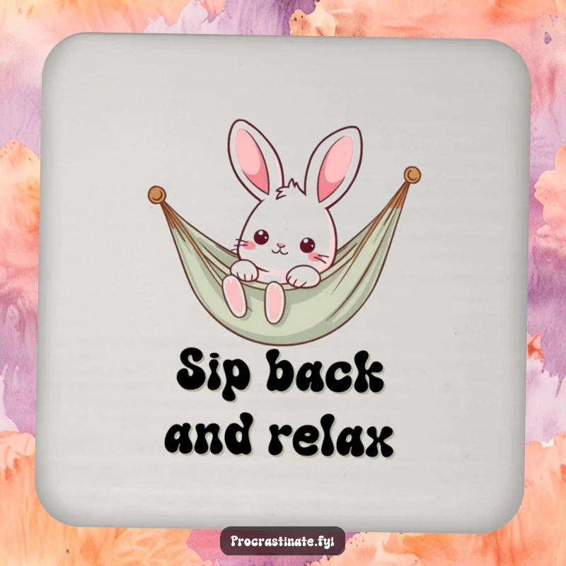 Funny kawaii rabbit lounging in a hammock, a cute and functional set of drink coasters.