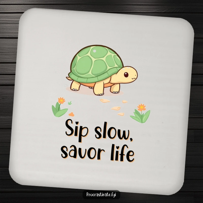 Funny kawaii turtle drink coaster showing a cute turtle slowly inching along a path, protecting surfaces with charm.