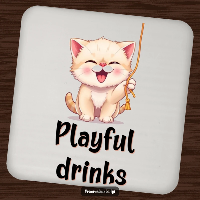 Funny giggling kitten playfully batting at a dangling string of yarn, a cute and humorous design on a protective drink coaster.