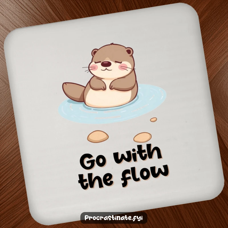 Funny otter floating peacefully on its back in a calm stream, looking utterly relaxed and happy on this protective drink coaster.