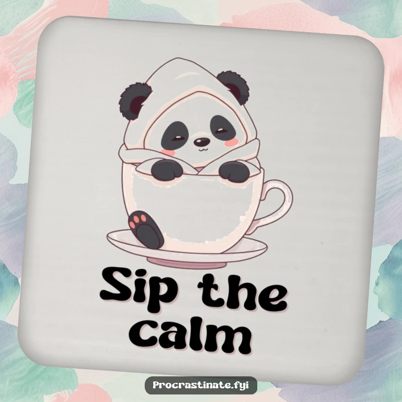 Funny Panda Tea Coasters: A panda in a bathrobe relaxes in a teacup, guarding against drink rings with humor.