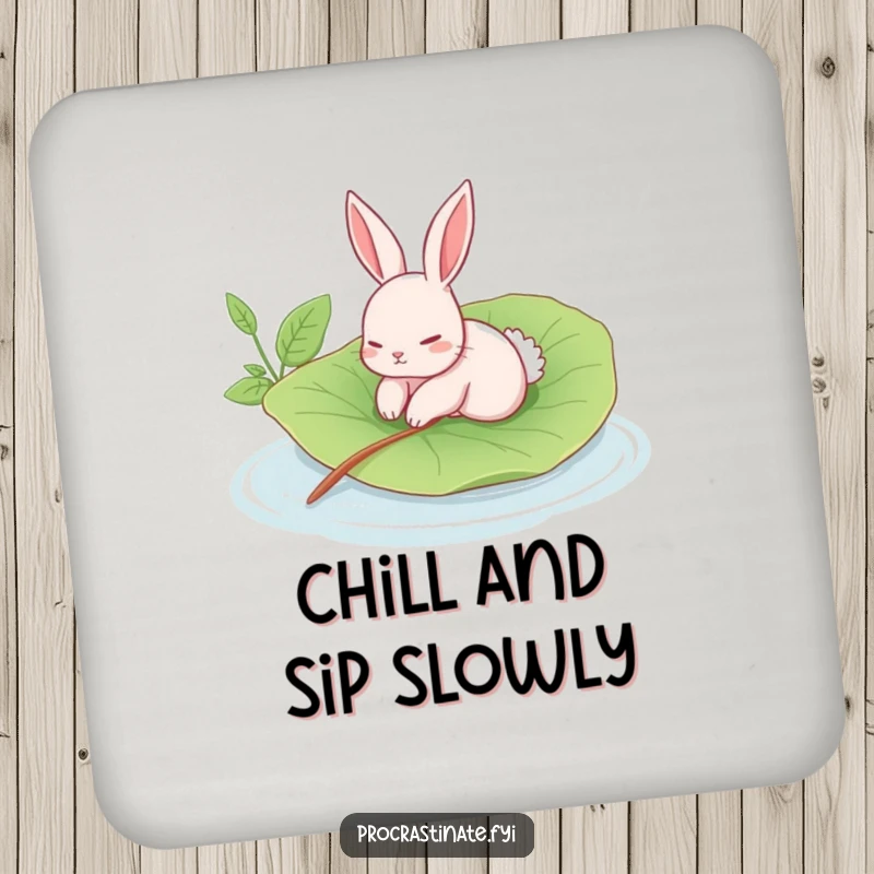 Funny rabbit coaster with a languid rabbit floating on a giant leaf in a calm pool, a humorous accessory for tables.