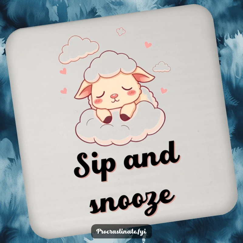 Funny drink coaster featuring a sleepy cartoon sheep counting fluffy clouds, protecting surfaces with humor.