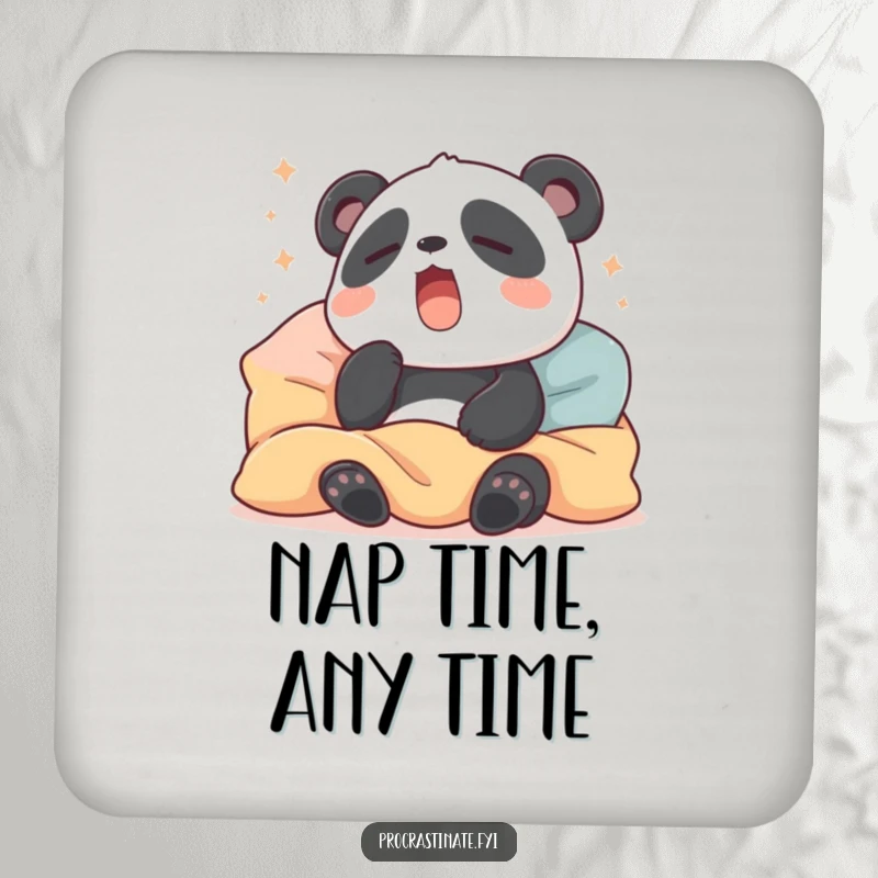 Funny drink coasters featuring a sleepy panda yawning amongst pillows and blankets, protecting surfaces with cozy, adorable humor.