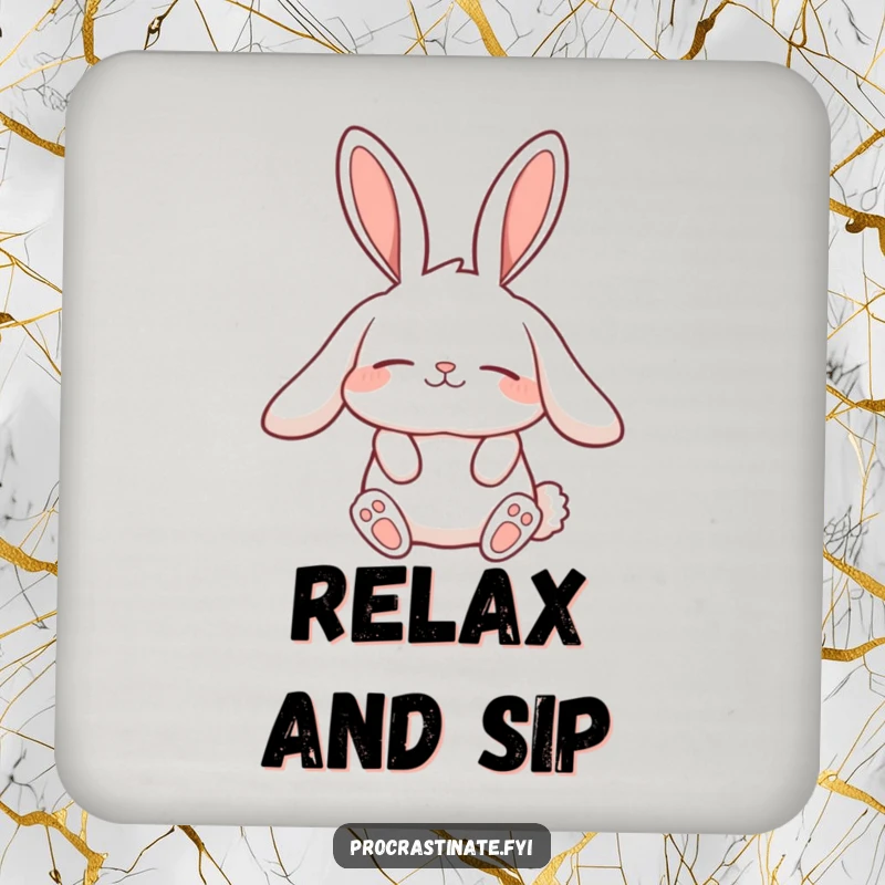 Funny lazy rabbit drink coaster featuring a character with long, relaxed ears stretching slowly, perfect for relaxed surface protection.