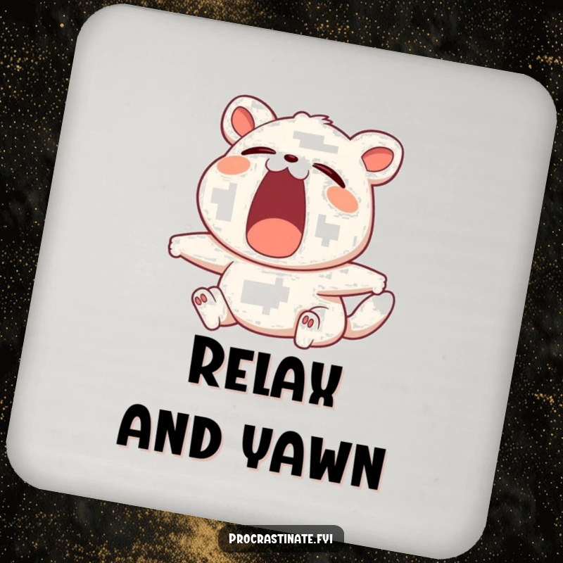 Funny drink coaster featuring a contented animal character yawning widely and stretching, adding humor and protection.