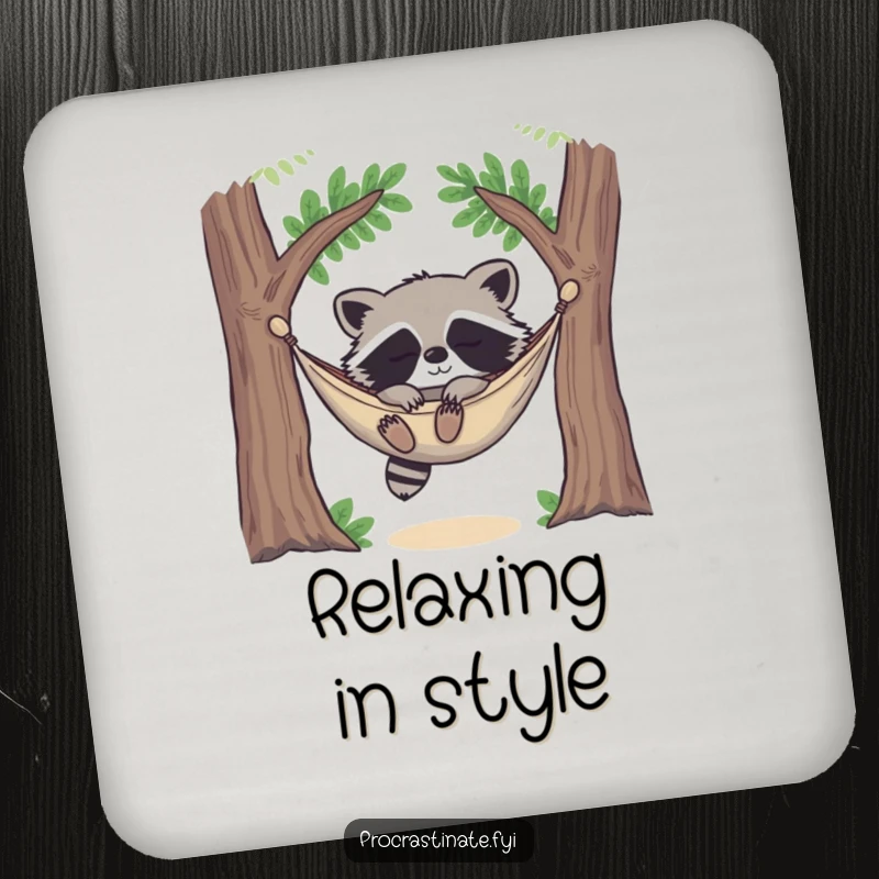 Funny happy raccoon deeply asleep in a cozy hammock strung between two trees, looking utterly content on this protective drink coaster.