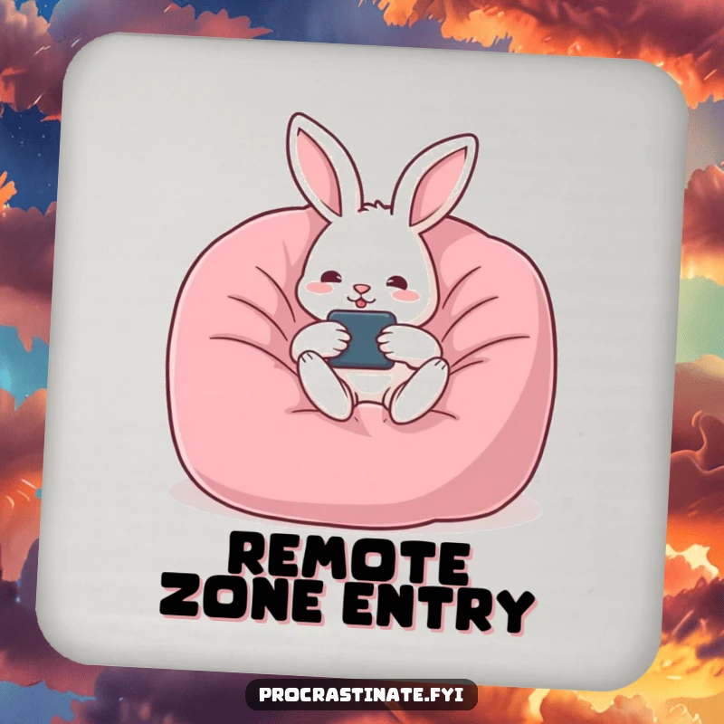 Funny rabbit drink coaster featuring a relaxed rabbit lounging in a beanbag chair with a remote, offering humor and protection.