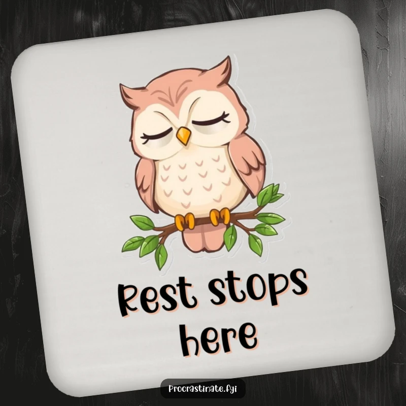 Funny sleepy owl drink coaster featuring an owl dozing on a tiny branch, offering protection with sleepy charm.