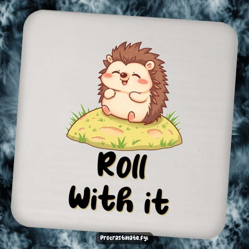 Funny drink coaster featuring a joyful hedgehog rolling slowly down a grassy hill, protecting surfaces with charm.