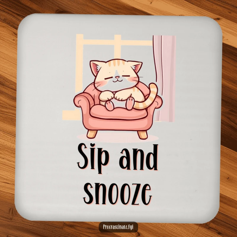 Funny content cat character purring while napping peacefully on a cushioned chair, protecting surfaces with these adorable drink coasters.