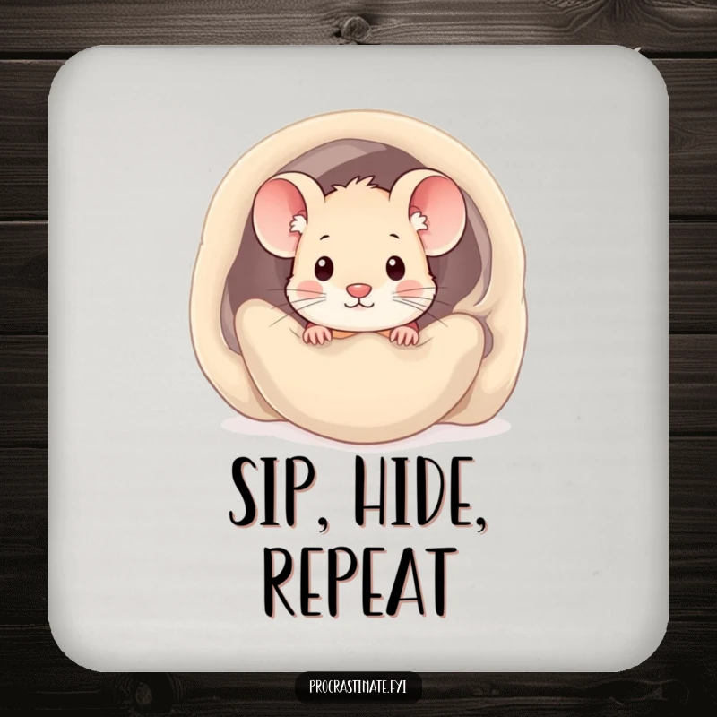 Funny kawaii mouse drink coaster showing a cute mouse peeking from a cozy blanket, protecting surfaces with charm.