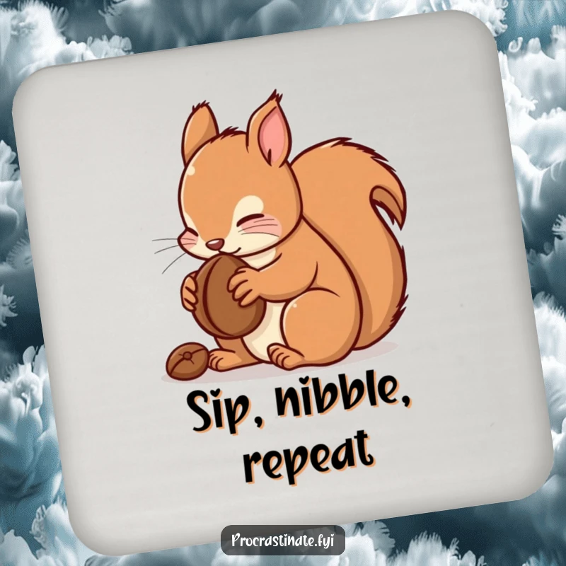 Funny kawaii squirrel drink coaster showing a cute character enjoying a nut, protecting tables with cute charm.