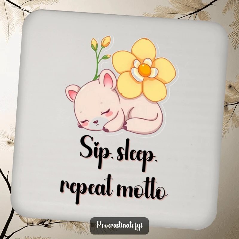 Funny Coaster showing a lazy animal character napping under a flower, protecting surfaces with peaceful charm.