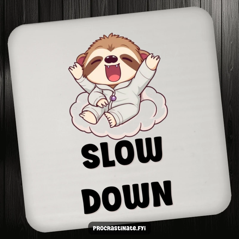 Funny drink coaster with a lazy sloth in pajamas yawning widely on a cloud, offering surface protection with a dose of sloth humor.