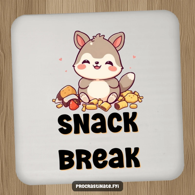 Funny drink coaster featuring a happy animal character's satisfied grin surrounded by snack wrappers, protecting your furniture.