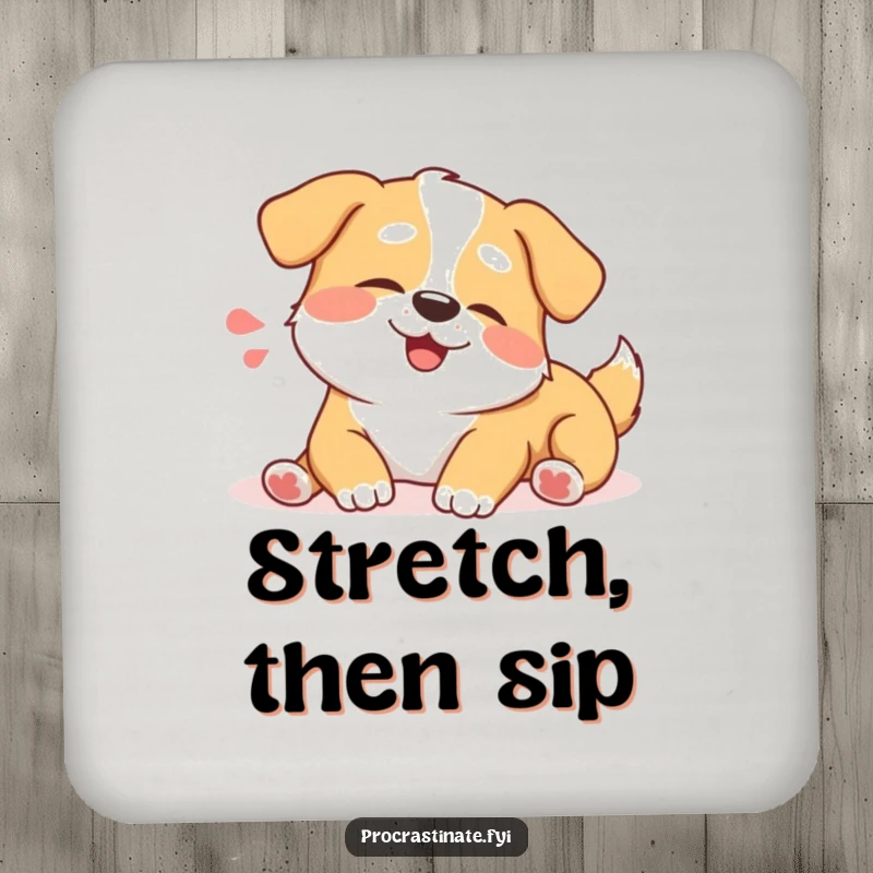 Funny happy dog coaster set featuring a contented dog stretching lazily with a happy sigh. Protects tables with joy.