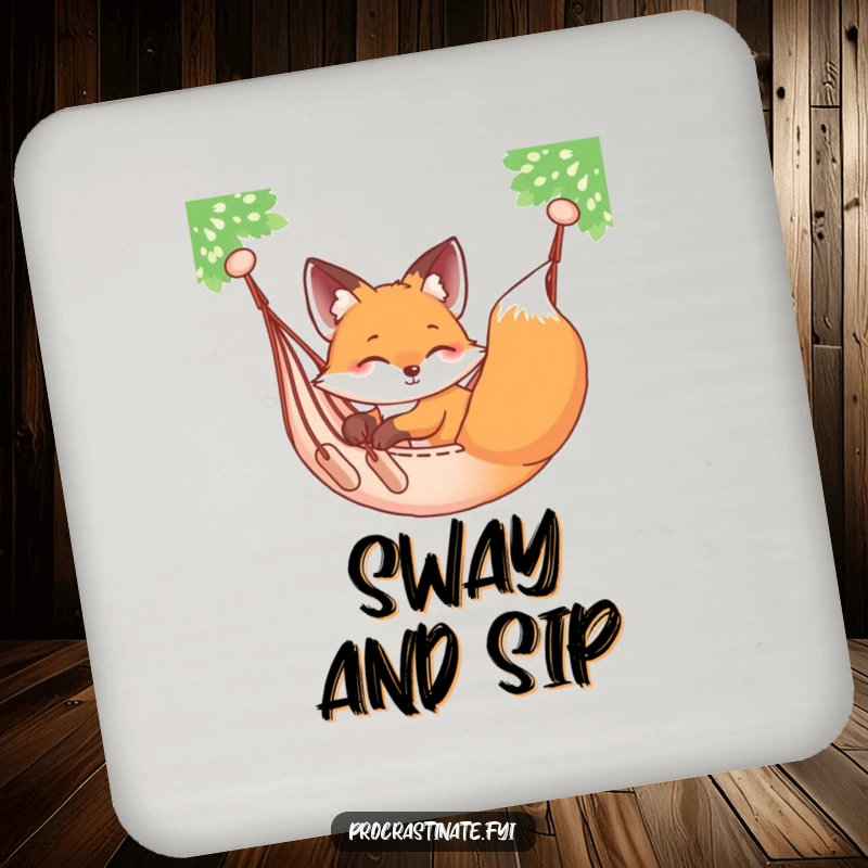 Funny relaxed fox sprawled on a hammock, gently swaying, a cute and humorous design on a protective drink coaster.