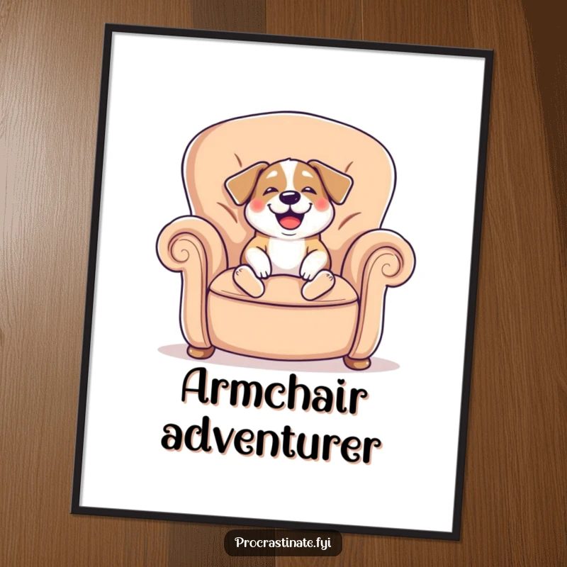 Funny poster print of a cheerful dog sighing happily while sinking into a giant comfy armchair, ideal wall art.