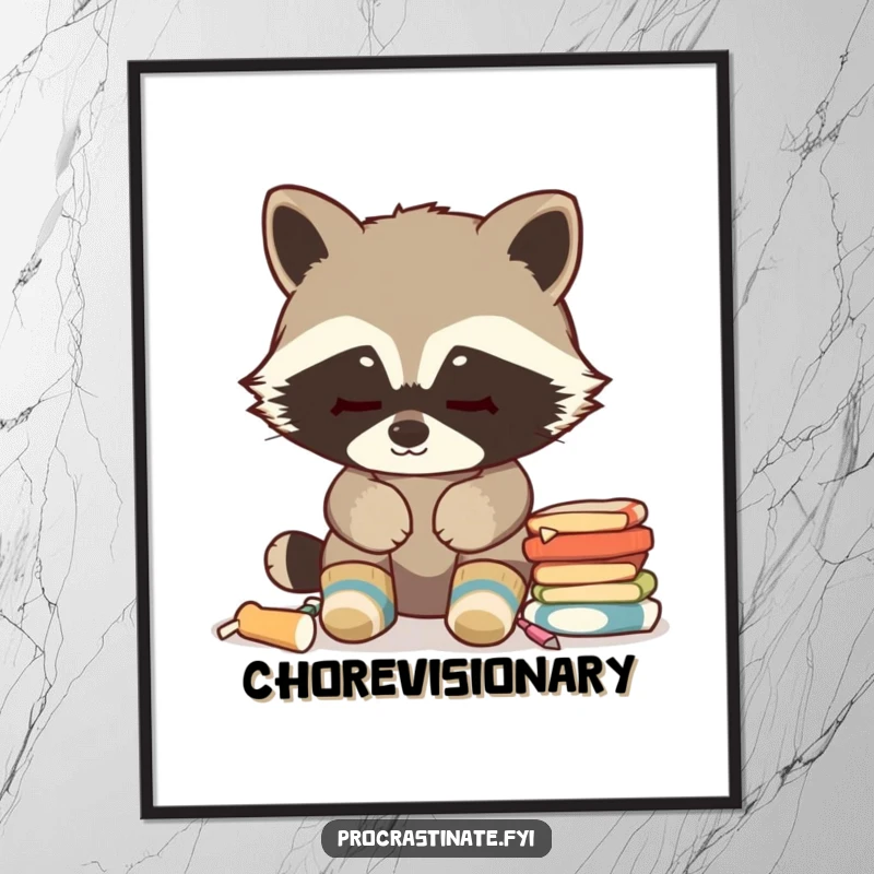 Funny Raccoon Poster: Cozy socks, blank stare at chores, humorous wall art depicting procrastination, perfect for funny gift.