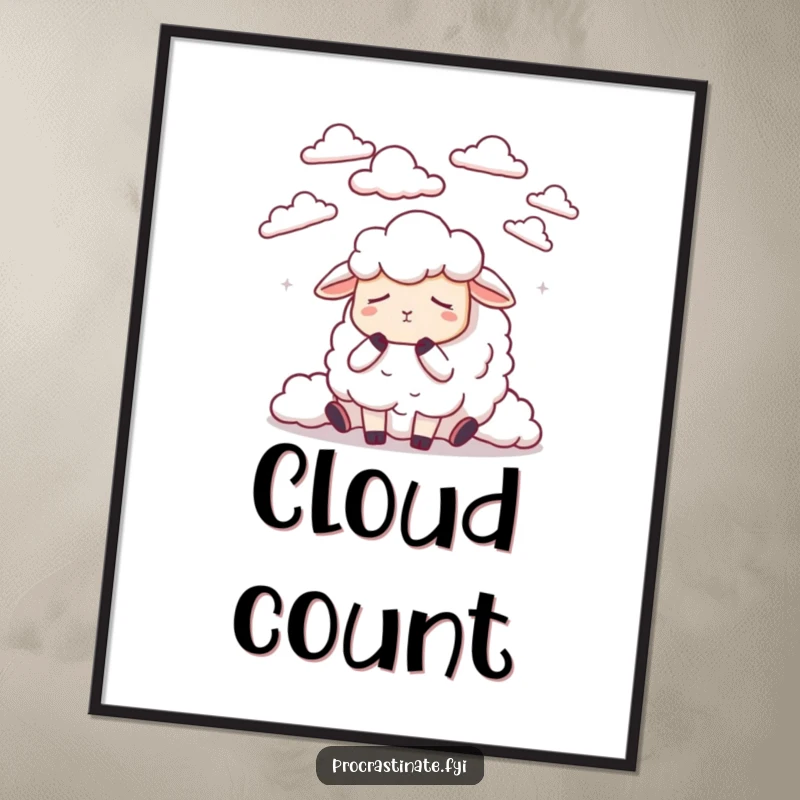 Funny dozing sheep counting fluffy, stylized clouds drifting by, perfect for serene wall art.